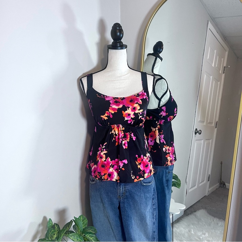 Beach Belle black floral tankini top with adjustable straps